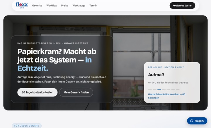 Vorschau der flexx·Handwerk-Startseite: Papierkram? Macht ab jetzt das System — in Echtzeit.
