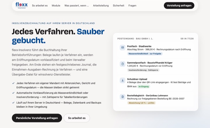 Vorschau der flexx·Insolvenz-Startseite: Jedes Verfahren. Sauber gebucht. Mit Verfahrens-Posteingang.