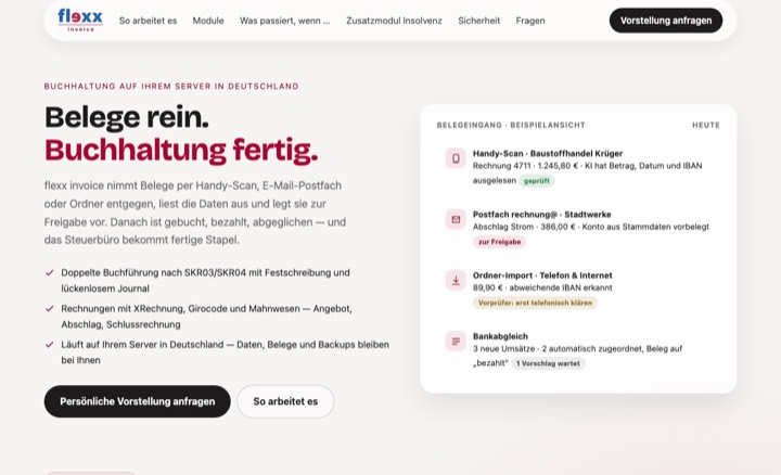 Vorschau der flexx invoice-Startseite: Belege rein. Buchhaltung fertig. Mit Belegeingang-Beispielansicht.
